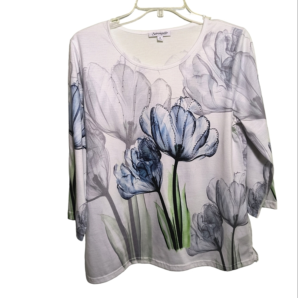 Serengeti White 3/4 sleeve floral print t-shirt top size M - Picture 2 of 13